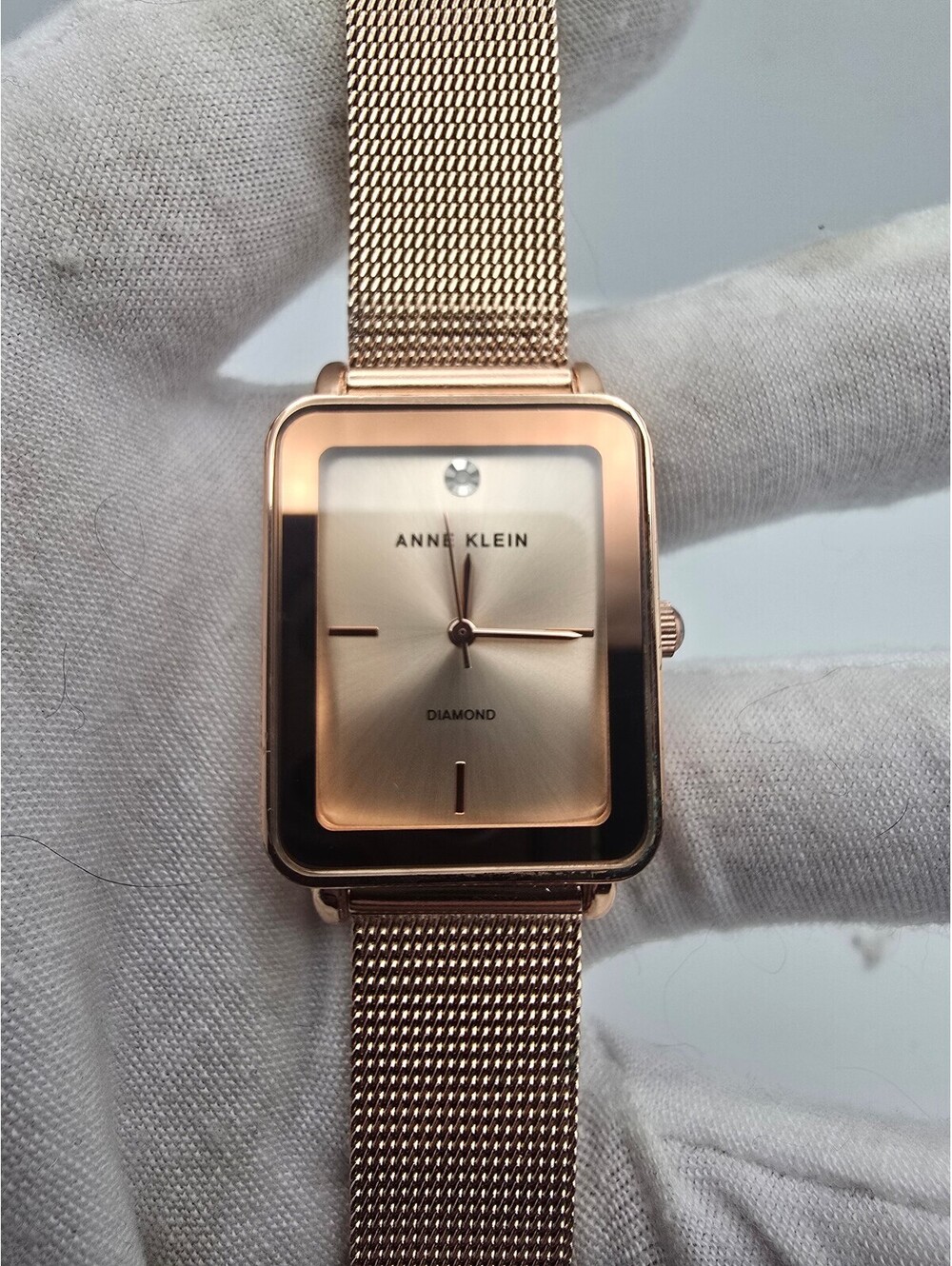 Anne Klein AK/3988 Women's Quartz Watch Rose Gold Rectangular Diamond Mesh Band